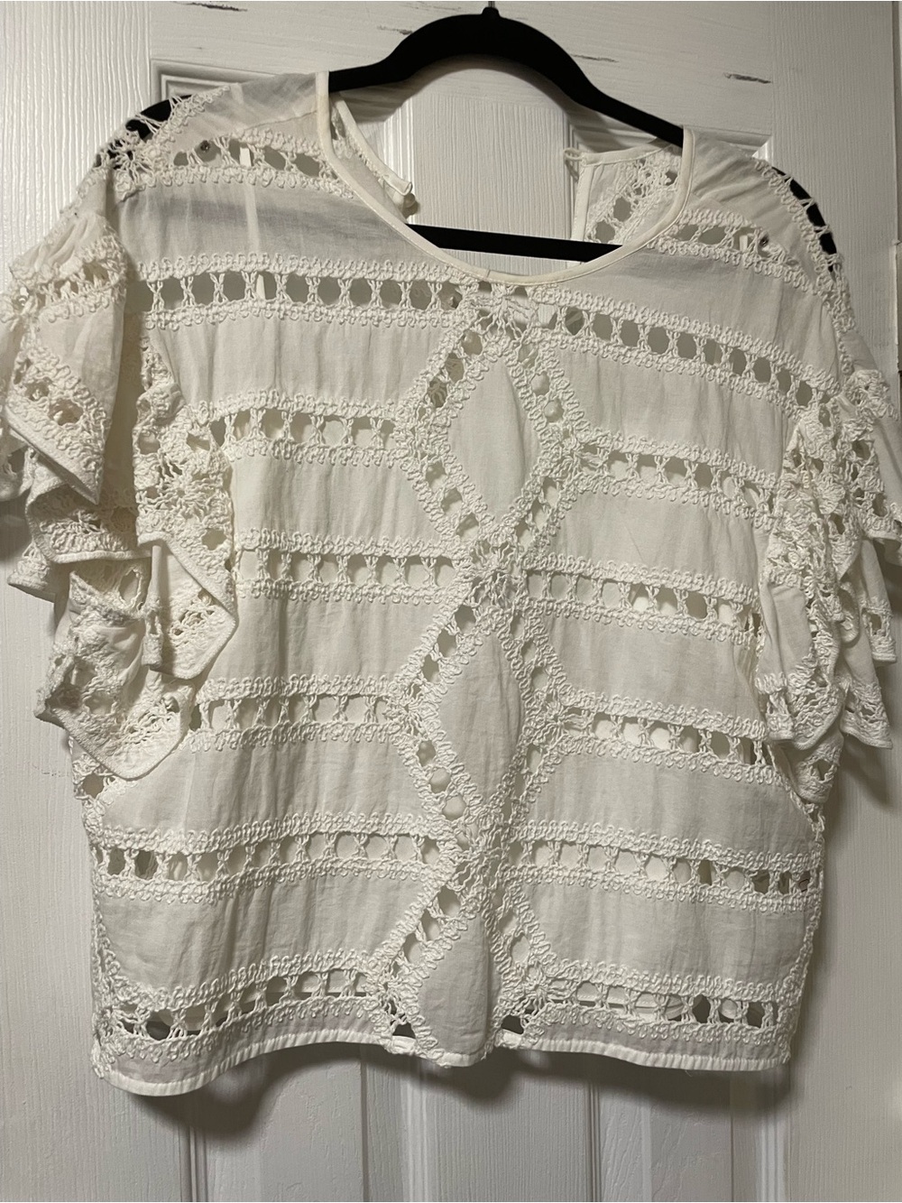 SAYLOR Ivory Crochet Lace Boxy Top with Ruffle Sleeves
